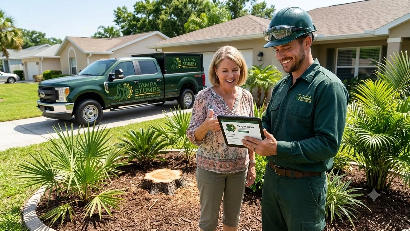 Tampa Stumps technician reviewing quote with homeowner