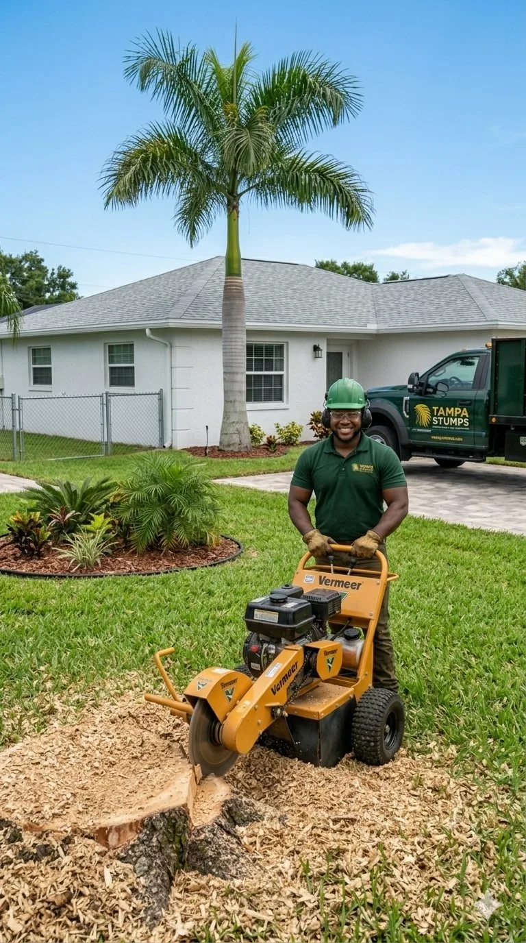 Tampa Stumps smiling technician with stump grinder